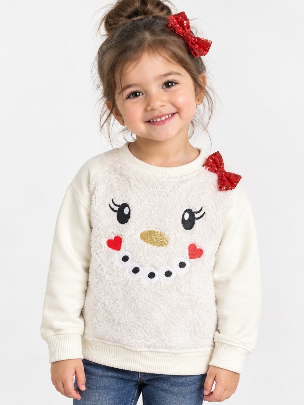 Girls Cream Fuzzy Snowman Face Sweatshirt with Red Bow